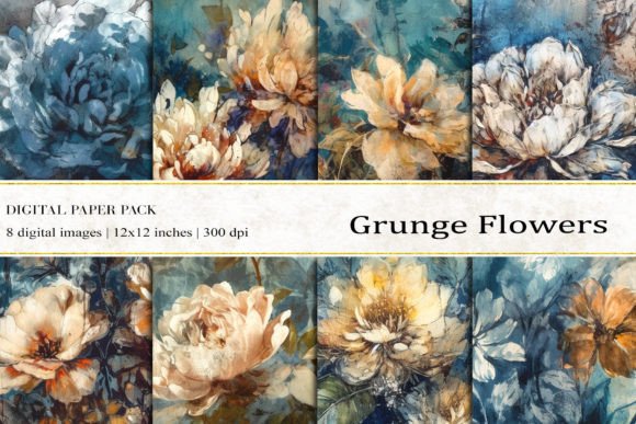 Blue Grunge Flowers Digital Papers