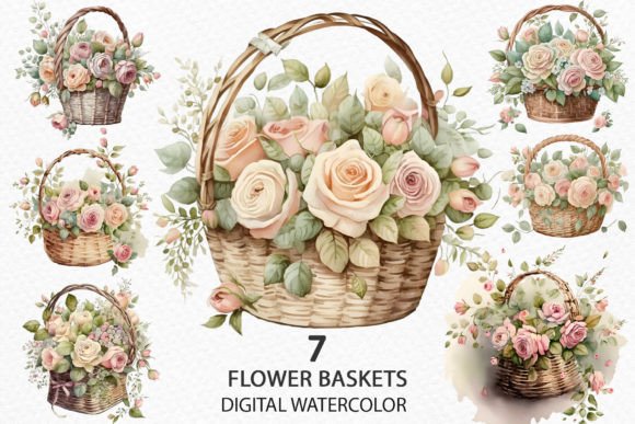 Watercolor Basket with Pink Roses