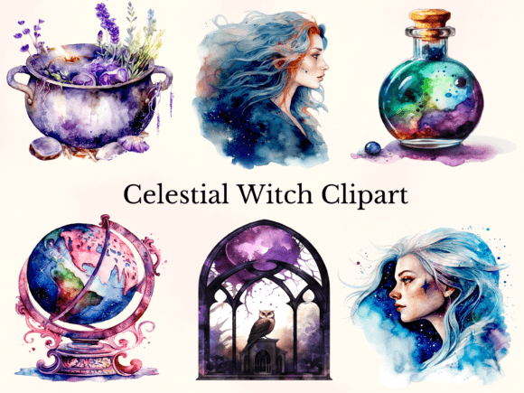 Watercolor Celestial Witch Clipart